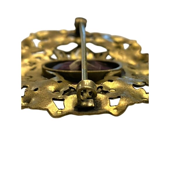 Victorian Brass Amethyst Purple Glass Sash Brooch Pin Art Nouveau 1800s - Picture 7 of 8